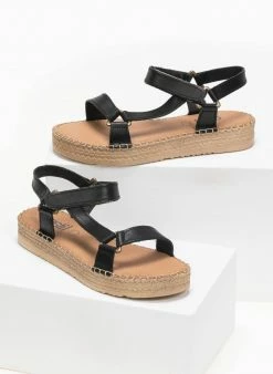 Εκπτωση 👍 Συμφωνίες 😍 Estil δερμάτινα Flatform πέδιλα με Velcro - Μαύρο 🥰 ⌛