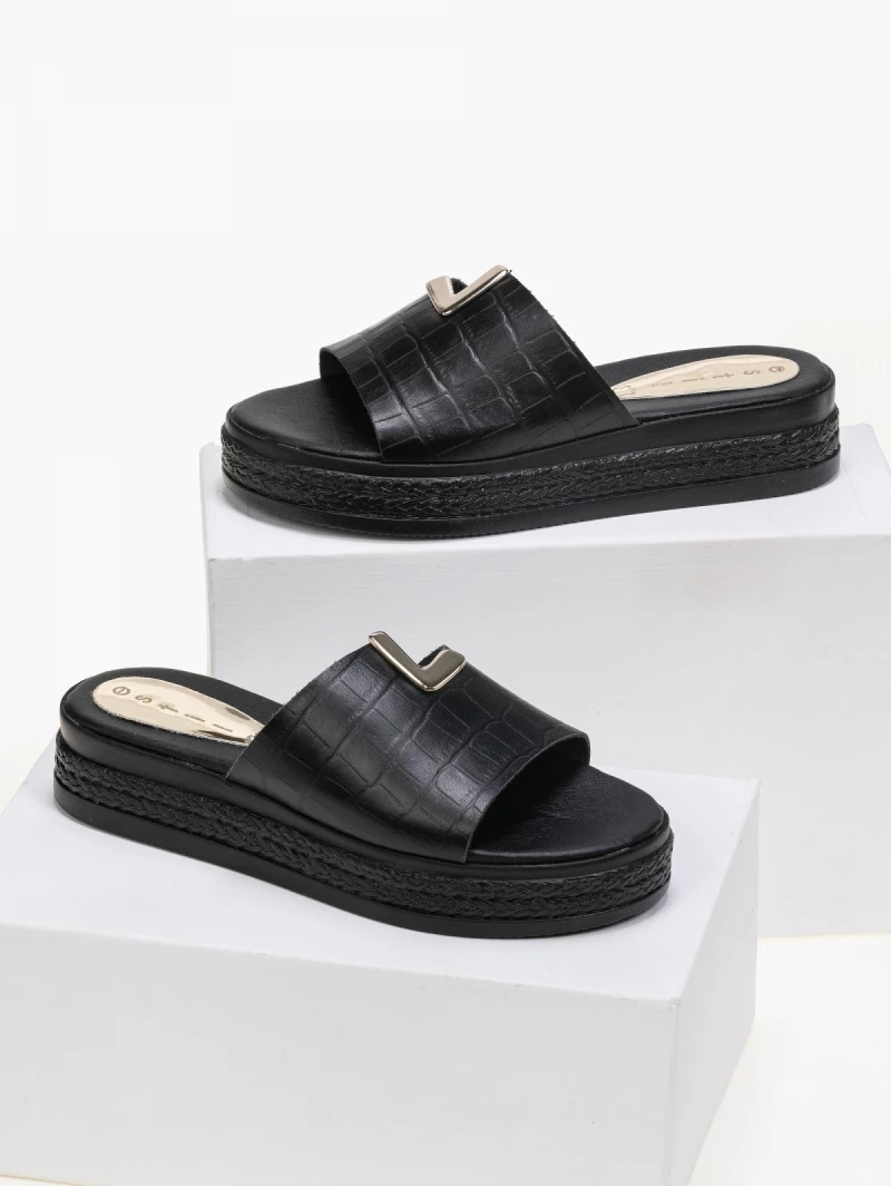 Αγορά 👏 Ολοκαίνουργιο 🥰 Estil κροκό Flatforms με άνισο τελείωμα - Μαύρο 💯 👍 - Image 4