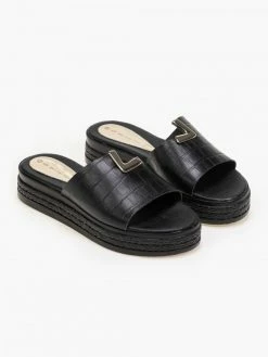 Αγορά 👏 Ολοκαίνουργιο 🥰 Estil κροκό Flatforms με άνισο τελείωμα - Μαύρο 💯 👍