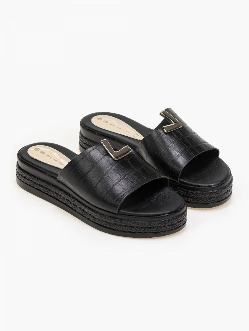 Αγορά 👏 Ολοκαίνουργιο 🥰 Estil κροκό Flatforms με άνισο τελείωμα - Μαύρο 💯 👍