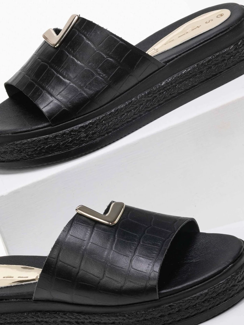 Αγορά 👏 Ολοκαίνουργιο 🥰 Estil κροκό Flatforms με άνισο τελείωμα - Μαύρο 💯 👍 - Image 3