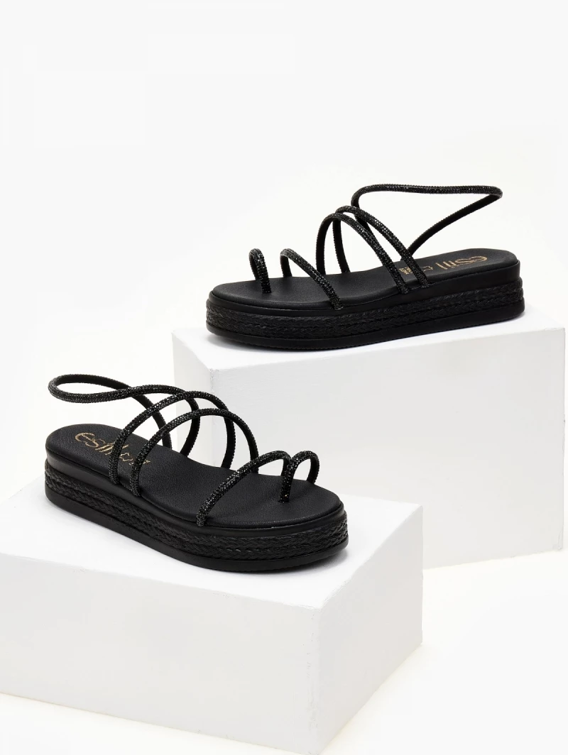 Πολύ καλή προσφορά 👏 Η καλύτερη συμφωνία 🧨 Flatforms δερμάτινα ESTIL με Strass λουράκια - Μαύρο 🌟 🛒 - Image 3