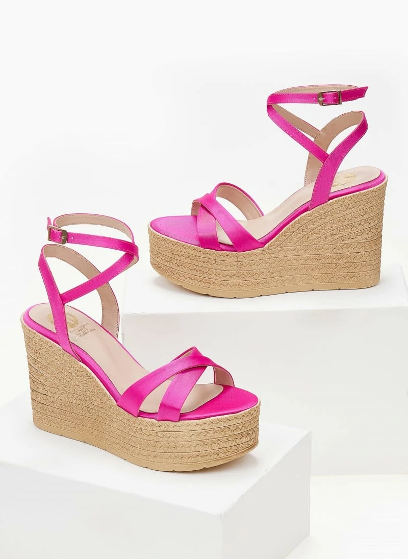 Ολοκαίνουργιο 👏 Εκπτωση 💯 The Fashion Project Πλατφόρμες σατέν TFP με χιαστί λουράκια - Φούξια 🧨 🔥 - Image 6