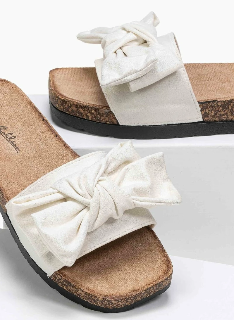 Αγορά 👏 Το φθηνότερο 😀 The Fashion Project Suede φλατ Slides με Oversized φιόγκο - Λευκό ✨ 😉 - Image 2