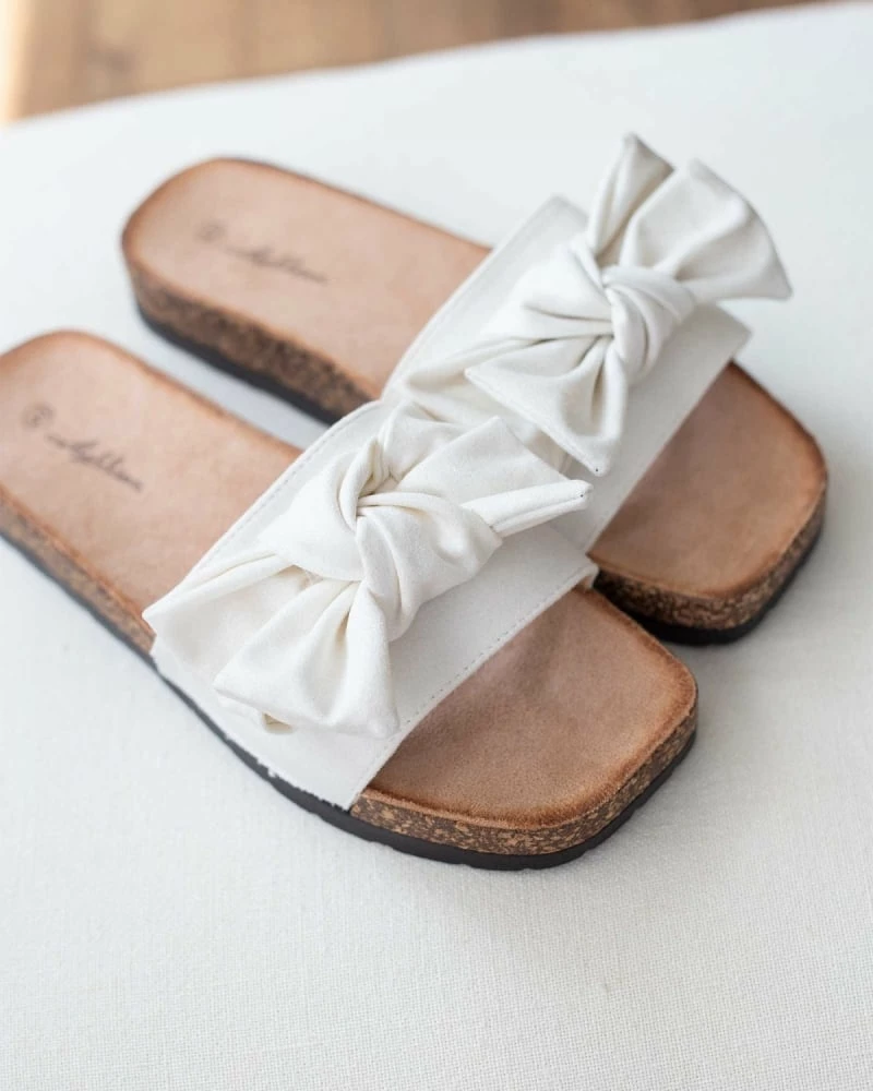 Αγορά 👏 Το φθηνότερο 😀 The Fashion Project Suede φλατ Slides με Oversized φιόγκο - Λευκό ✨ 😉 - Image 4